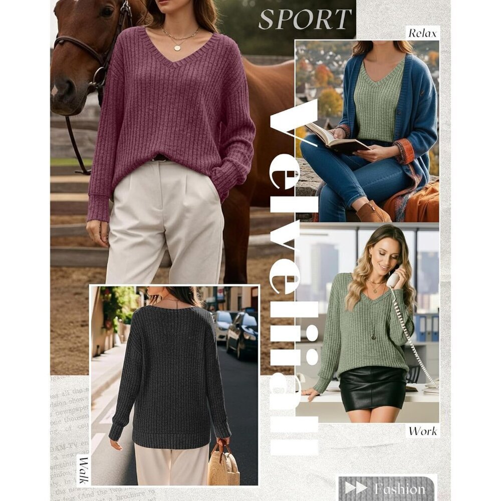 Women's Long Sleeve Lightweight Sweaters 3 Pack V Neck Side Split Fall Basic - Picture 3 of 5